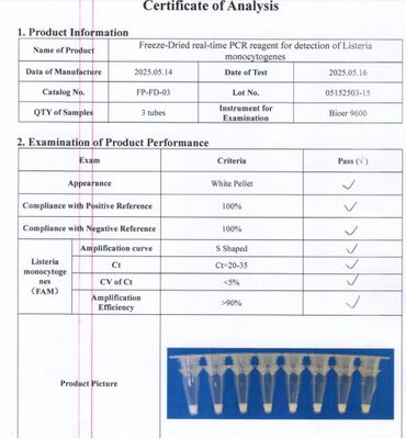 Reactivo de detección PCR en tiempo real liofilizado para la detección de Listeria monocytogenes de alta sensibilidad sin necesidad de cadena de frío